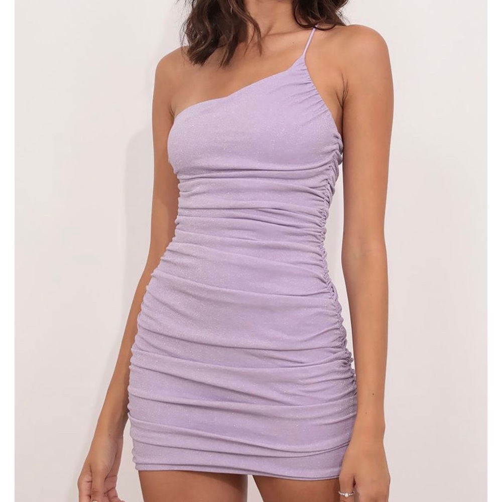 Gina One Shoulder Bodycon Dress in Purple Shimmer